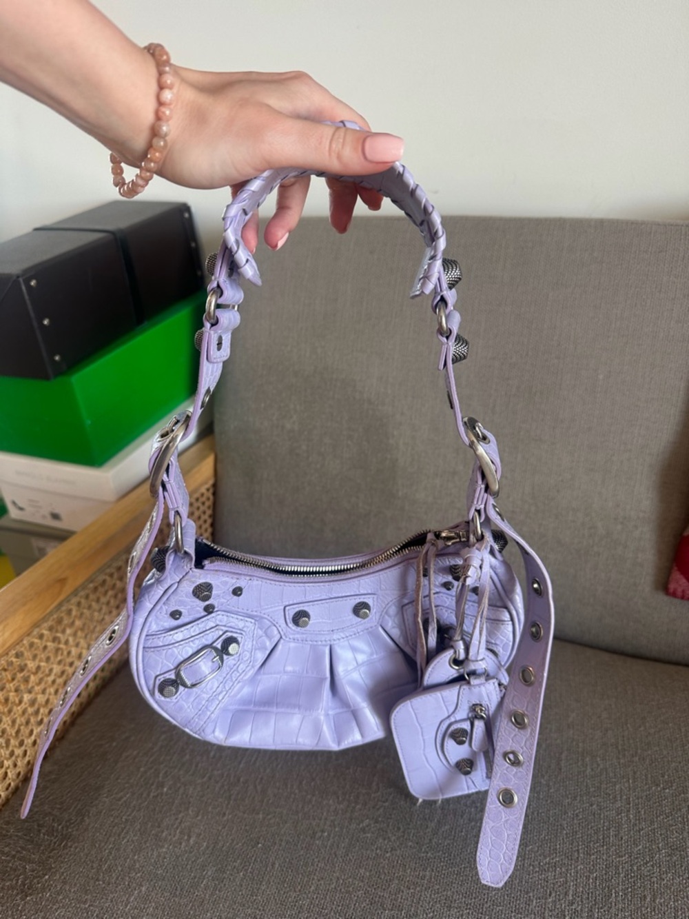 Balenciaga Lilac Croc-Embossed Shoulder Bag with Stud Details Le Cagole XS